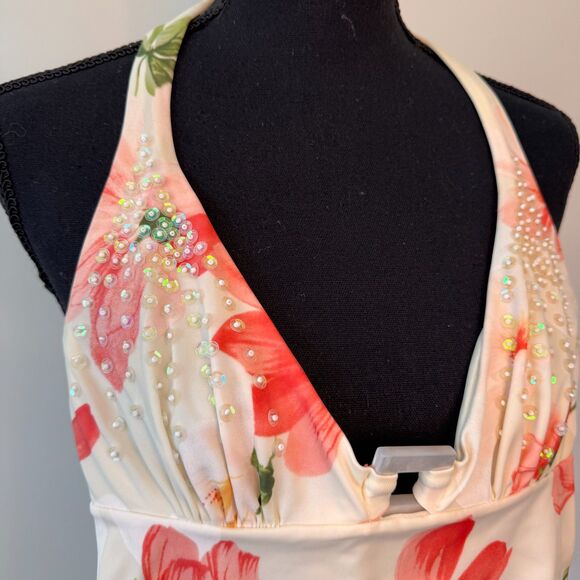 Sabbia Floral One Piece Halter Plunge Swimsuit Size 8 - Picture 3 of 5
